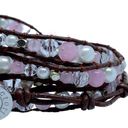 Victoria Emerson  Brown Leather Wrap Bracelet With Pink Pearls Photo 3