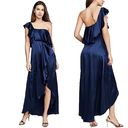 Alexis  Austyn 100% Silk Navy One Shoulder Ruffle Asymmetrical Maxi Gown Dress L Photo 0