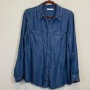 Chico's Chico’s Chambray Roll Tab Sleeves Frayed Button Down Shirt Size 12 Photo 0