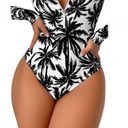 SheIn Black & White Palm Trees Long Sleeve Zip Up Rash Guard Bathing Suit Size Large Photo 3