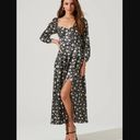 ASTR Black Floral Puff Sleeve Sweetheart Neck Satin Midi Dress XS Photo 2