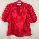 Sugar Lips  Sheer Gingham Organza Split V-Neck Puff Sleeve Blouse Red Size XS Photo 1