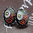 Daisy Vintage 1970s Black White  Red Floral Cabochon Stainless Steel Earrings Photo 3