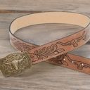 Western Bull Head Buckle Unisex Belt Vintage Style Embossed 37” Faux Leather Tan Photo 12