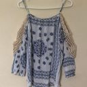 Umgee Womens Blue Floral Boho Crochet Off Shoulder Blouse Long Sleeve Top Photo 1