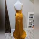 Mac Duggal  26585 Satin Sleeveless Faux Wrap Ruched Gown NWT sz 0 Marigold/Yellow Photo 4