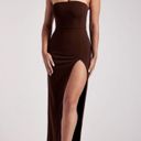 Meshki Strapless Chocolate Maxi Dress With Leg Slit Photo 0