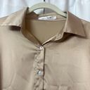 Gold Beige Satin Button Up Collared Shirt Shiny Minimalist Blouse Size Large Tan Photo 2