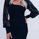 Vine & Love  Black Sequin Bishop Sleeve Ribbed Bodycon Mini Dress Sz L Photo 0