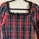 Draper James  RSVP Smocked Dress Large Red Black Plaid Cotton Stretchy Pockets Photo 1