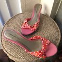 2000s pink and orange polka dot open peep toe retro kitten bow sandal 2” heels Size 6.5 Photo 0