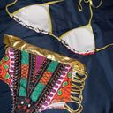 Bikini gold foil African pattern criss cross thigh high waisted booty shorts swi Gold Photo 2