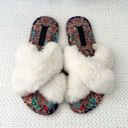 Johnny Was  Ivory Faux Fur Trim Indy X Paisley Print Slippers Women 9 Photo 2