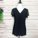 Ava James  Solid Black V Neck Sheer Sleeve Blouse Top Size Medium Photo 5