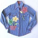 Daisy Vintage Size 10 70s  Appliqué Chambray Shirt Embroidered 3D Flowers Button Photo 0