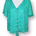 Charming Charlie  Floral  Flutter Sleeve Tie Front Button Blouse Teal Green M Photo 0