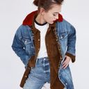 ZARA Long Distressed Denim Jean Jacket Faux Fur Collar Leopard Print Oversized S Photo 1