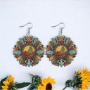 Sunflower shaped pendant drop‎ leopard pattern wooden hook earrings Photo 1