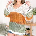 POL  Open Knit Colorblock Long Sleeve Hooded Sweater Photo 0