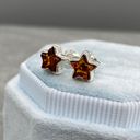 Dainty Sterling Silver & Baltic Amber Star Shaped Stud Earrings Brown Photo 5