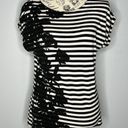 W5  SMALL Black & White Striped Floral Detail Short Rolled Sleeve Tee Top Photo 10