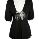 Arden B VINTAGE  leather corset waist deep V-neck puff sleeve blouse peplum top. Photo 0