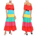 Alice + Olivia  Rainbow Color Block Smocked Tiered Cold Shoulder Maxi Dress NWT 6 Photo 1