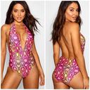 Boohoo  Pink Neon Yellow Snake Print Morocco Deep Plunge One Piece Swimsuit Sz 12 Photo 1