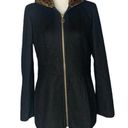 Anne Klein Womens  Black Wool Blend Coat Animal Print Faux Fur Hood Zip Front Sm Photo 0