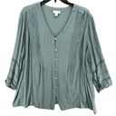 J.Jill  Tunic Top Womens XL Petite Blue Spruce Embroidered Pintuck Button Blouse Photo 1