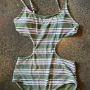 Aerie  Cut Out One Piece Olive Green Purple White Swimsuit Size Medium Long Photo 3