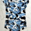 Poof Women's  NY Blue Camo Stretch Super Soft Crew Neck Top SMALL Photo 0