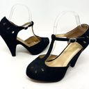 Modcloth  Black Fabric T Strap Maryjane Closed Toe Perforated Heels Size 9 Photo 2