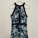 Parker  Nika Keyhole Dress Blue Floral Black Trim Sleeveless SILK Mini Fit Flare Photo 9