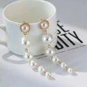 Stylish Faux Pearl Gold Plated Tassel‎ Earrings Elegant White Long Drop Earrings Photo 0