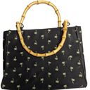 Vtg Y2K Sunny Hawaii Black Satin Palm Tree Embroidered Faux Bamboo Handle Bag Photo 1