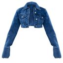 Pretty Little Thing Mid Blue Wash Denim Cuff Detail Cropped Jacket Photo 4