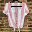 Roxy  Red Pink White Stripe Short Sleeve Button Down Tie Waist Top Size Small Photo 0