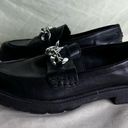 Anne Klein  Chunky Slip On Loafers Round Toe Silver Chain Black Faux Leather  8 Photo 2