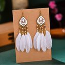 Earrings Boho Beaded Feathers Long Dangle Statement White Photo 1