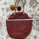 American Eagle  Straw Beach Bag Circular Rust Dark Red Tote with Pom Poms Photo 4