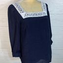 Nanette Lepore Navy Blue White Lace Blouse Top 3/4 Puff Sleeve Square Neck S Photo 5