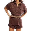 Free People We The Free Marci Cuffed Shortall Denim Romper Mocha Brown Photo 7