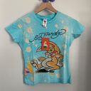 Ed Hardy Small NEW Rabbit Print Sky Blue Baby Tee Splattered Grey Y2K Deadstock Photo 0