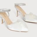 Lulus Lelanee White Satin Rhinestone Bow Ankle Strap Pumps Photo 3