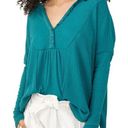 Free People Teal Leo Henley Long Sleeve Button Oversized Knit Top- Size Medium Photo 0