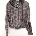 American Eagle  Cropped Hooded Flannel Shirt Gray White Plaid Crop Button Down L Photo 1