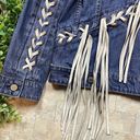 BLANK NYC  Denim Jean Faux Suede Fringe Stitch Boho Jacket Blue Beige Size XS Photo 5