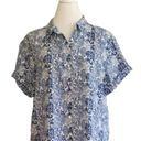 Nicole Miller  Top Blue White Coral Print Linen Short Sleeve Button Down Small Photo 10