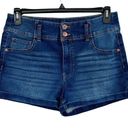 No Bo  Juniors SZ 15 Jean Shorts Cuffed Hems Whiskered Pocket Stretch Hi-Rise Blue Photo 0